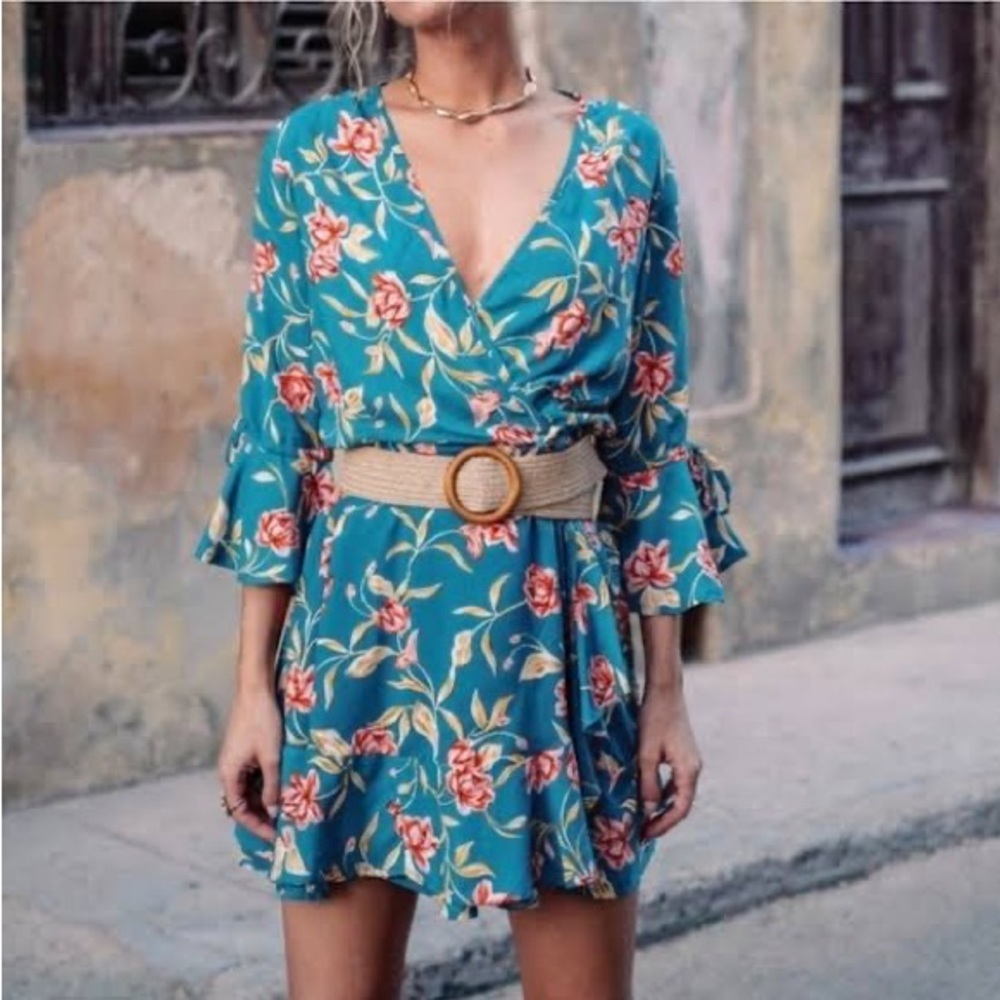 KIVARI Lucia Teal Floral Frill Wrap Mini Dress RRP$190 - Picture 5 of 16